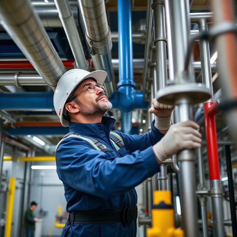 Technician maintaining industrial pipework